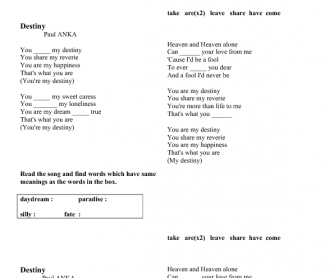 Song Worksheet: You Are My Destiny by Paul Anka