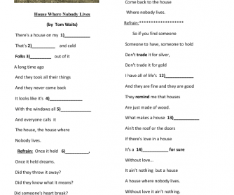 Song Worksheet: House Where Nobody Lives by Tom Waits