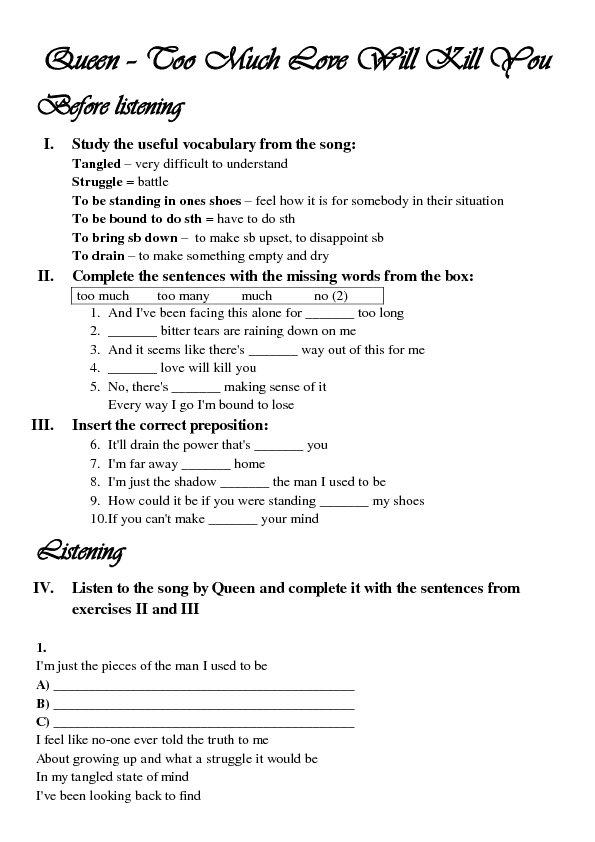 blank worksheet a-z Kill by You Queen Much Will Too Worksheet: Love Song