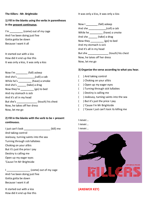 Song Worksheet: Mr Brightside (Present Continuous)