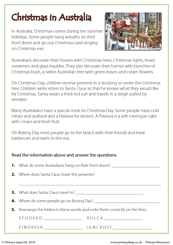 worksheets comprehension reading kindergarten free Comprehension Christmas in   Australia Reading