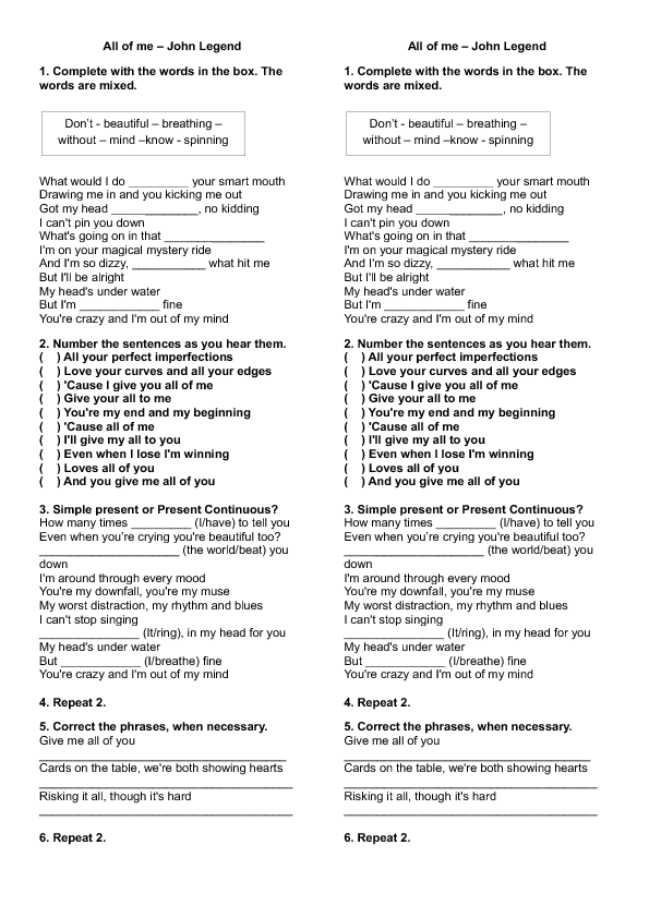 Song Worksheet: All of Me by John Legend (Present Simple vs Present