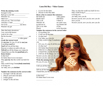 Song Worksheet: Video Games by Lana Del Rey