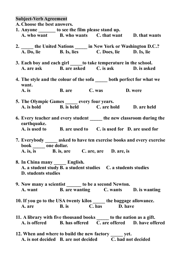 Subject And Verb Agreement Multiple Choice Exercise Test Gambaran