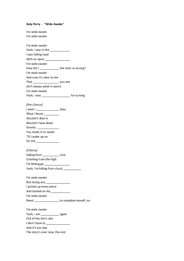 Song Worksheet Wide Awake By Katy Perry