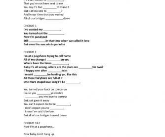 Song Worksheet: Payphone by Maroon 5