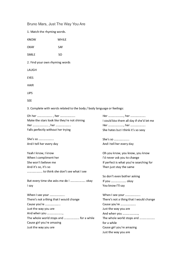 exercise how with english grammar to Are Song the Worksheet: Bruno   Mars (Body You Just Way