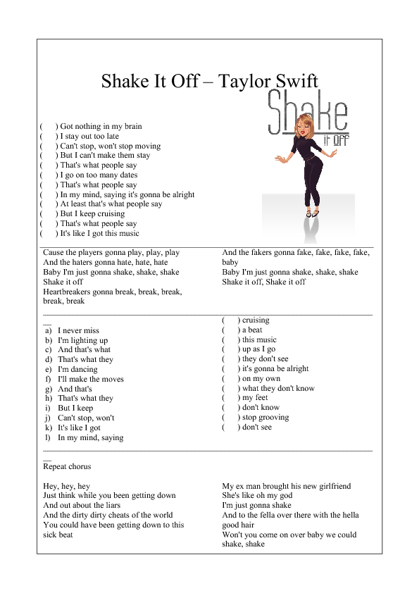 Song Worksheet: Shake it Off by Taylor Swift