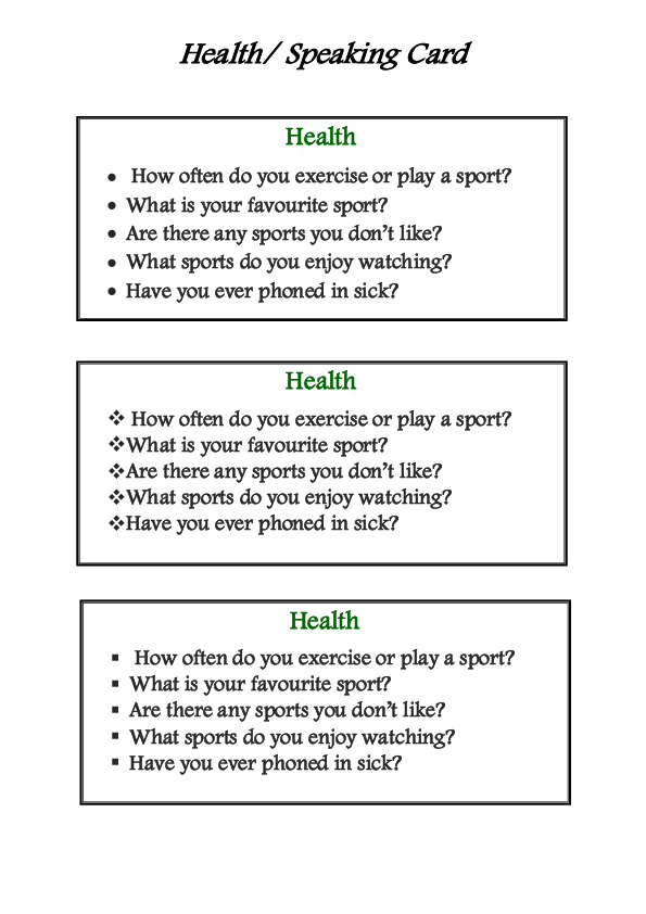 english 2015 cambridge test Card, Health Speaking