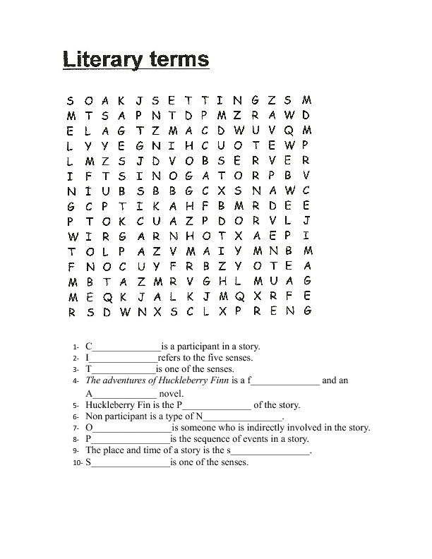 literary terms word search answer key