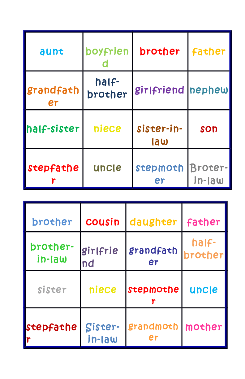 kindergarten esl worksheet for Bingo Family Members