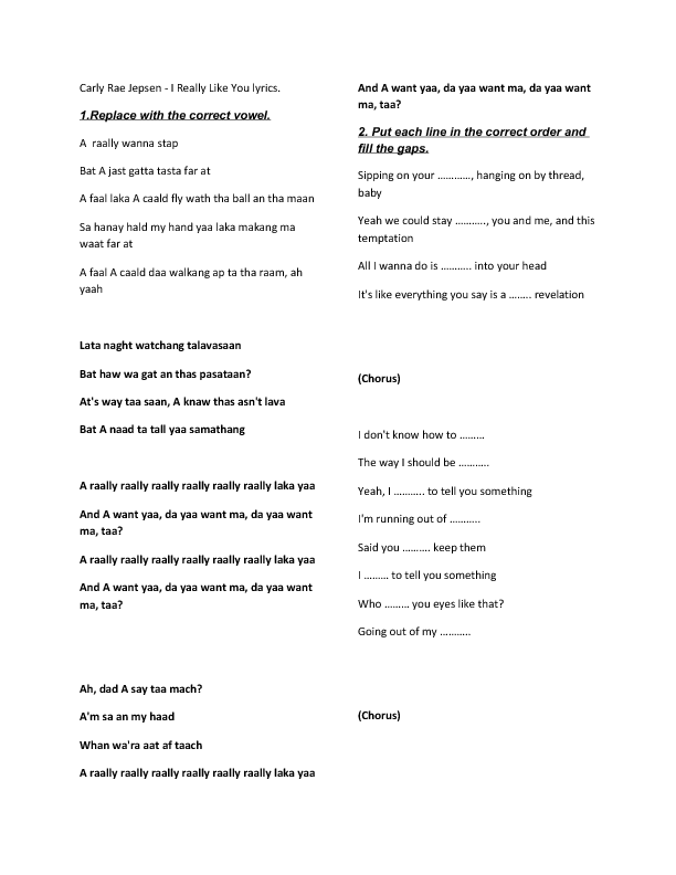 Song Worksheet I Really Like You By Carly Rae Jepsen