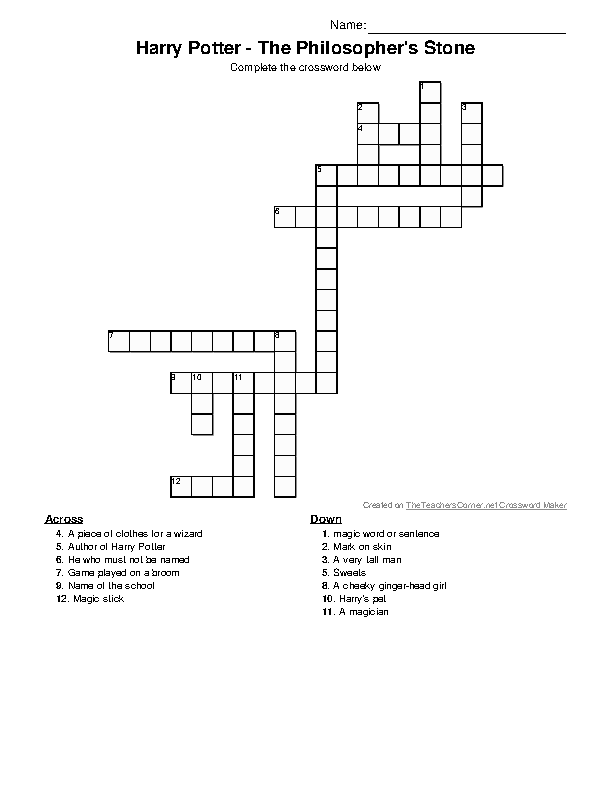 Harry Potter and The Philosopher's Stone Crossword.
