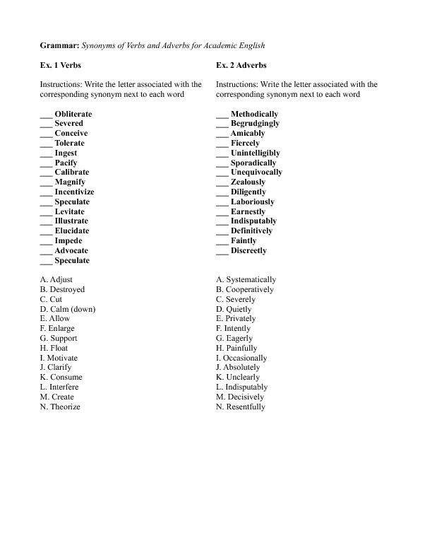 Synonyms of Verbs and Adverbs for Academic English