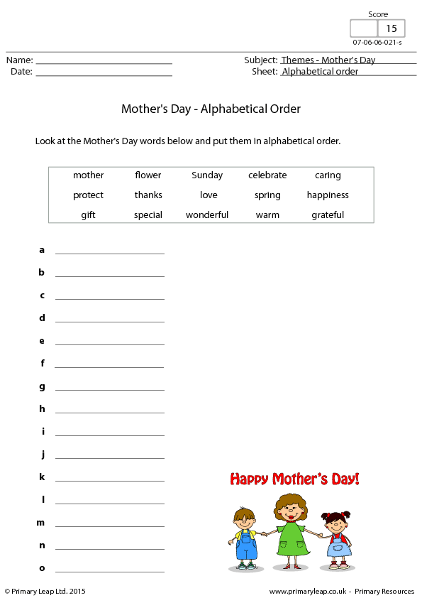 3 friends and worksheet family Day  Mother's Alphabetical Order