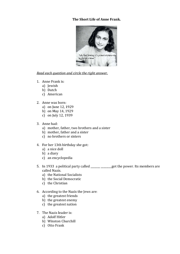 Movie Worksheet: The Short Life of Anne Frank