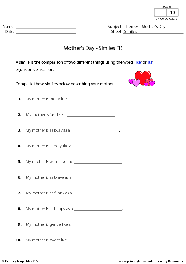 worksheet birthday happy vocabulary Mother's (1)  Similes  Day