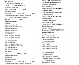 Song Worksheet: Fire Meet Gasoline by Sia