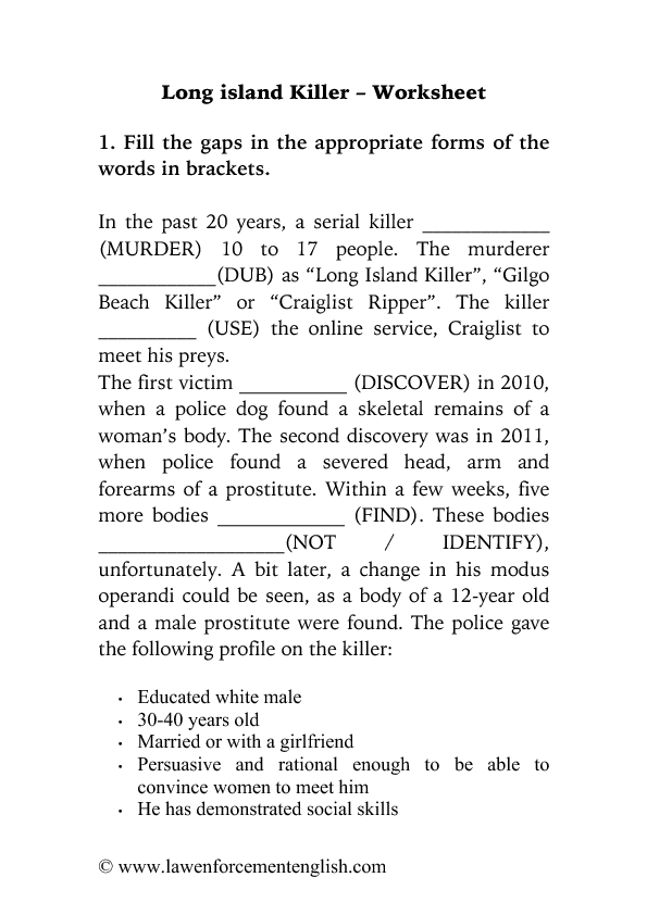 grade free with printable 1 for reading comprehension questions Killer for Law (English Island Enforcement Long Worksheet