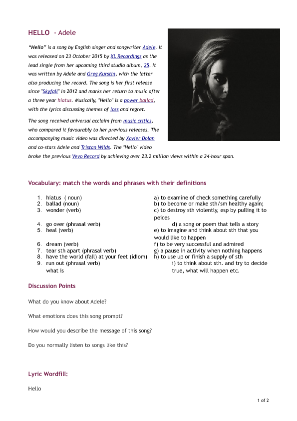 Song Worksheet: Hello by Adele (Vocabulary and Reading)