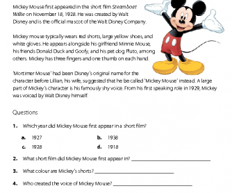 Mickey Mouse - Reading Comprehension