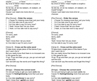 Song Worksheet Sorry By Justin Bieber