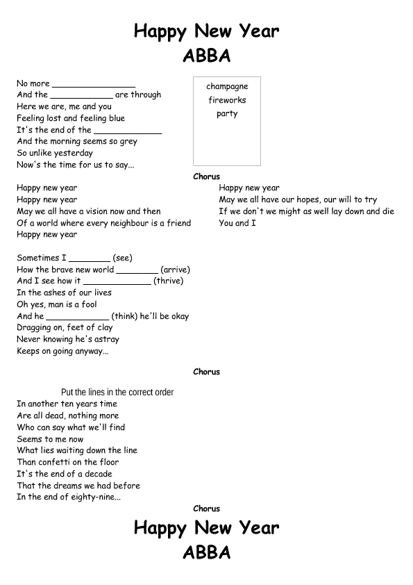 Song Worksheet: Happy New Year By ABBA