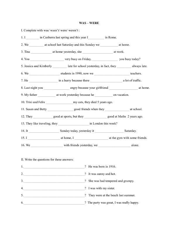 Use Of Was And Were Worksheet For Grade 2