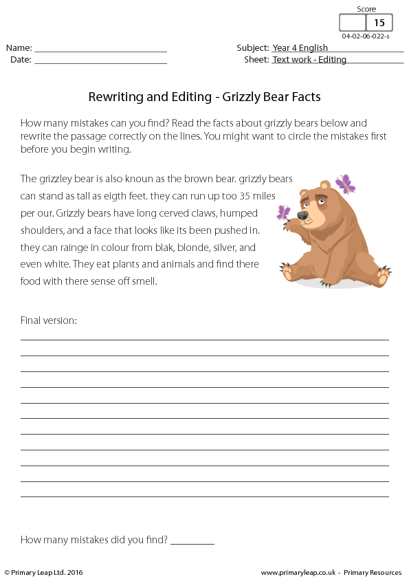 speech year worksheet 4 marks Editing Bear Rewriting Grizzly Facts and