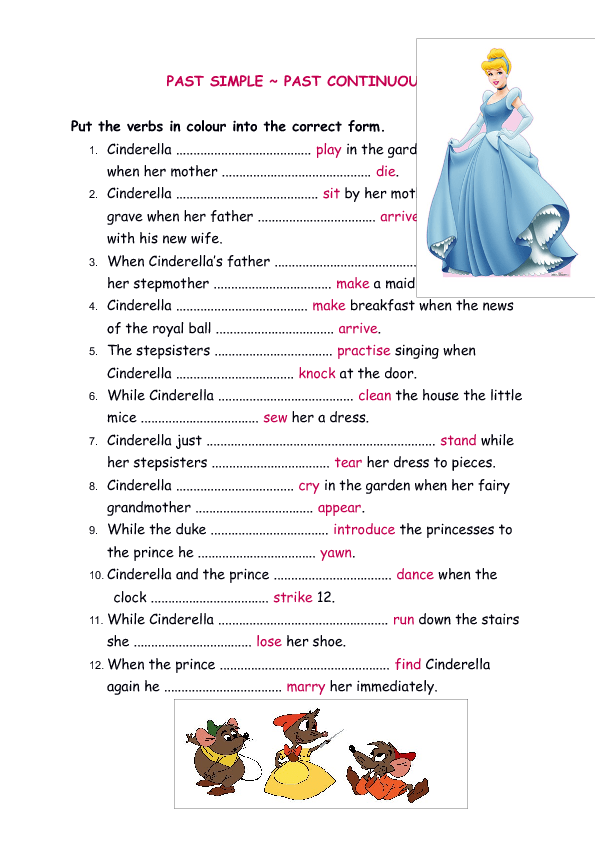 beginners english activities for worksheets Story Cinderella's Past Worksheet Continuous   and Simple