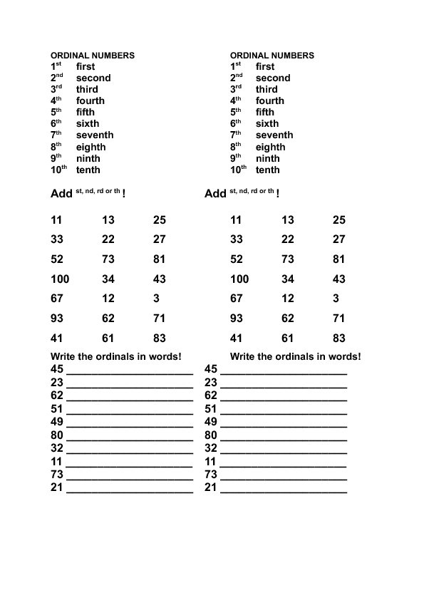 56 FREE Ordinal Numbers Worksheets