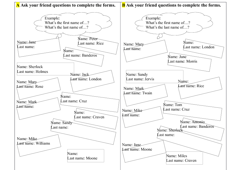 Information Gap Activity What Is Your Name Surname 