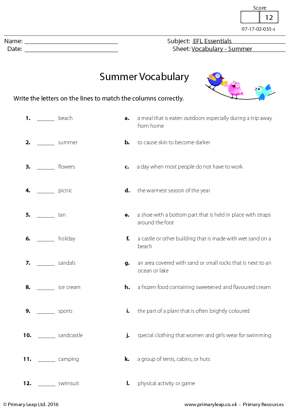 family grade worksheet 2nd tree Vocabulary Summer   ESL