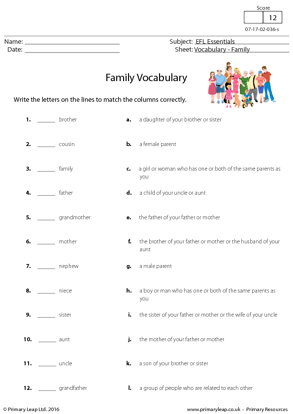 english kg1 exercises English Members  Vocabulary Family