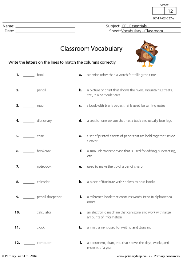 Classroom Vocabulary English Worksheet