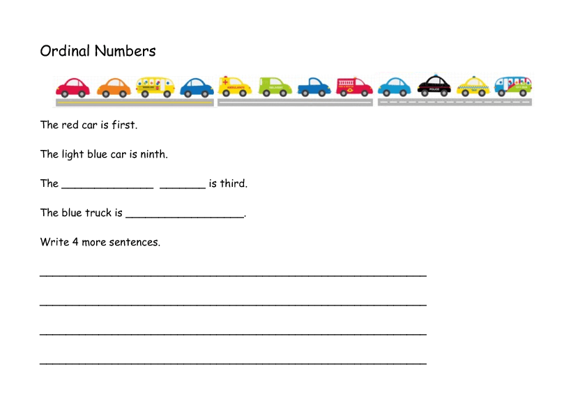 Cars In Ordinal Numbers Kindergarten Worksheet