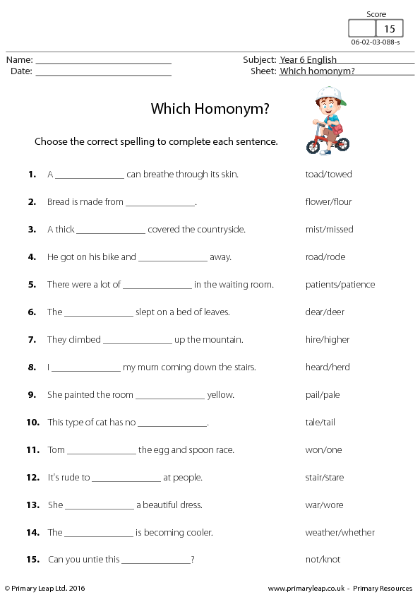 Homonyms Examples Worksheet