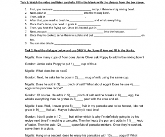 Movie Worksheet: Jamie Oliver's One Cup Pancake (A, An, Some & Any)