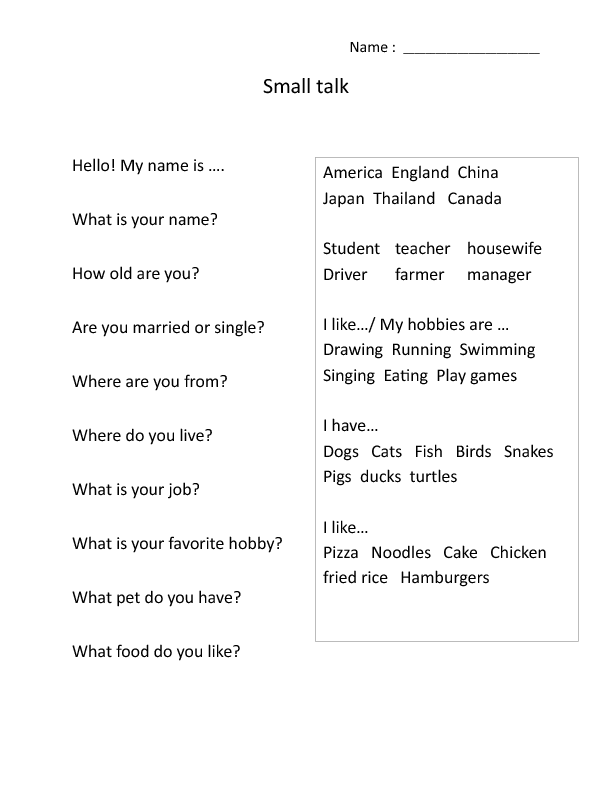 japanese worksheet vocabulary Talk 1 Small