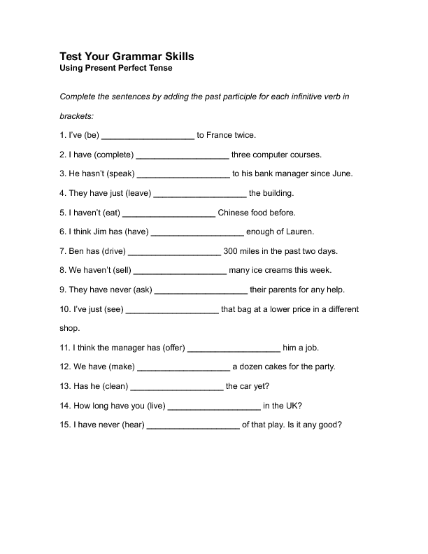 Present Perfect Tense Worksheet Grade 5