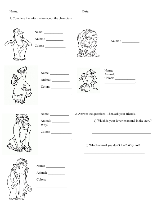 Movie Worksheet: Ice Age 3 (Characters Description)
