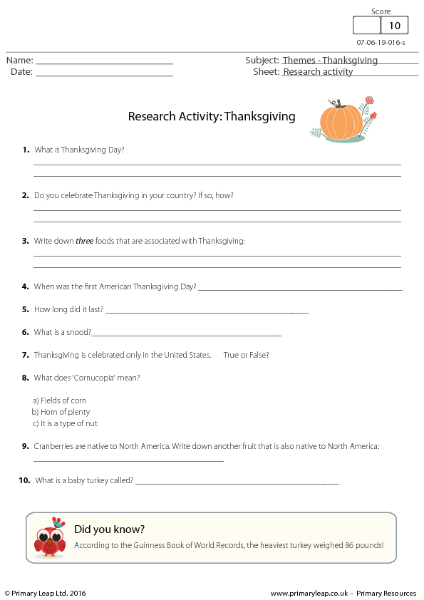 thanksgiving worksheet research activity