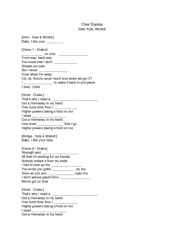 Song Worksheet: One Dance by Drake