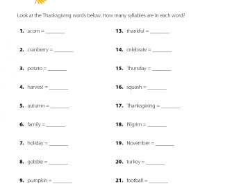 Thanksgiving Worksheet - How Many Syllables?