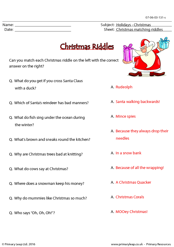 Christmas Riddles - Matching Worksheet