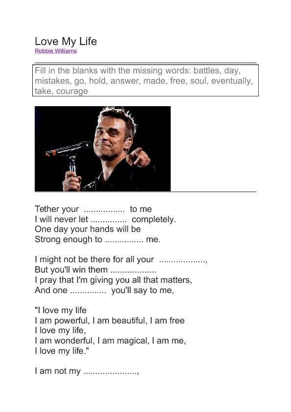 Song Worksheet Love My Life By Robbie Williams