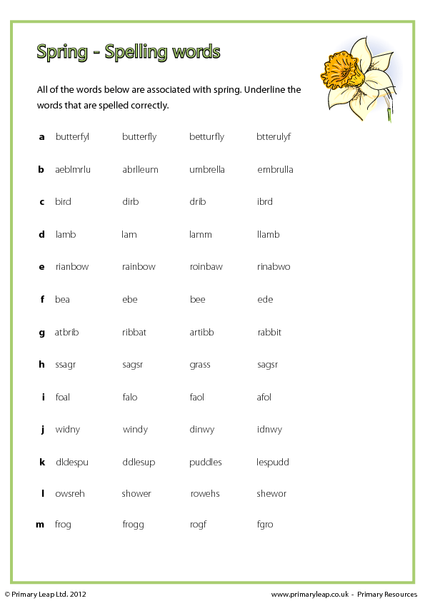 Spring Worksheet - Spelling Words