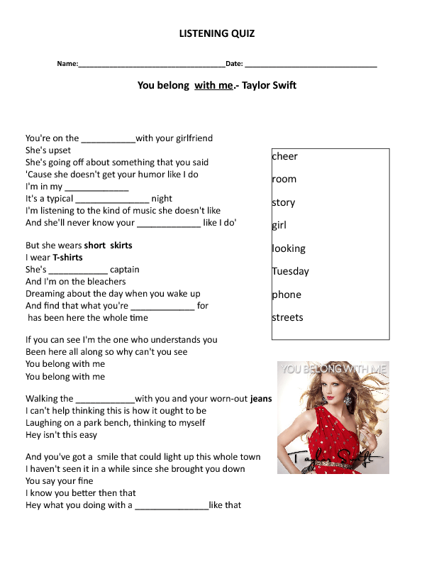 Song Worksheet You Belong With Me