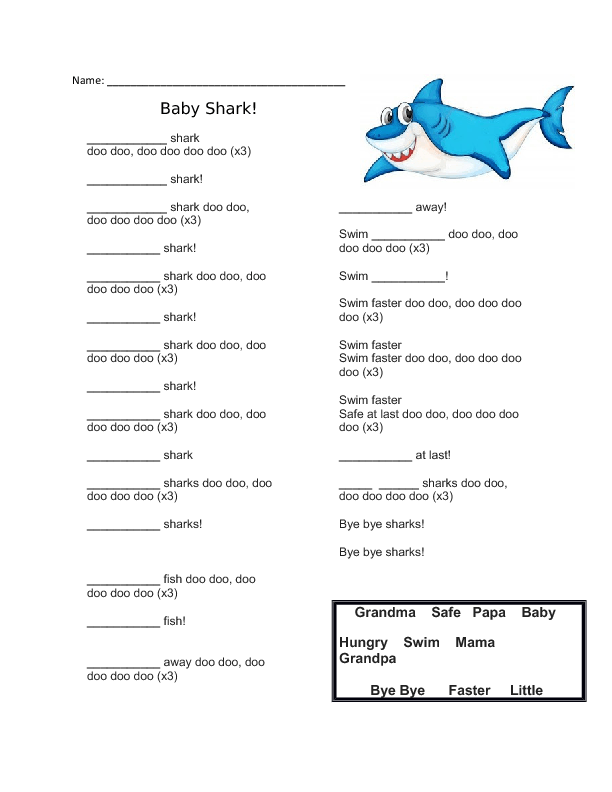 Song Worksheet: Baby Shark (Super Simple Songs)