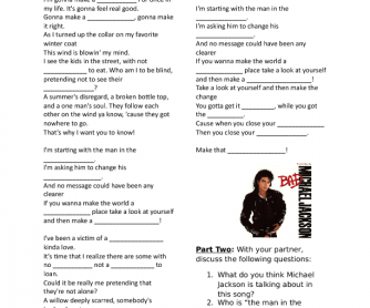 Song Worksheet: Man in the Mirror by Michael Jackson (Two Part Plan)
